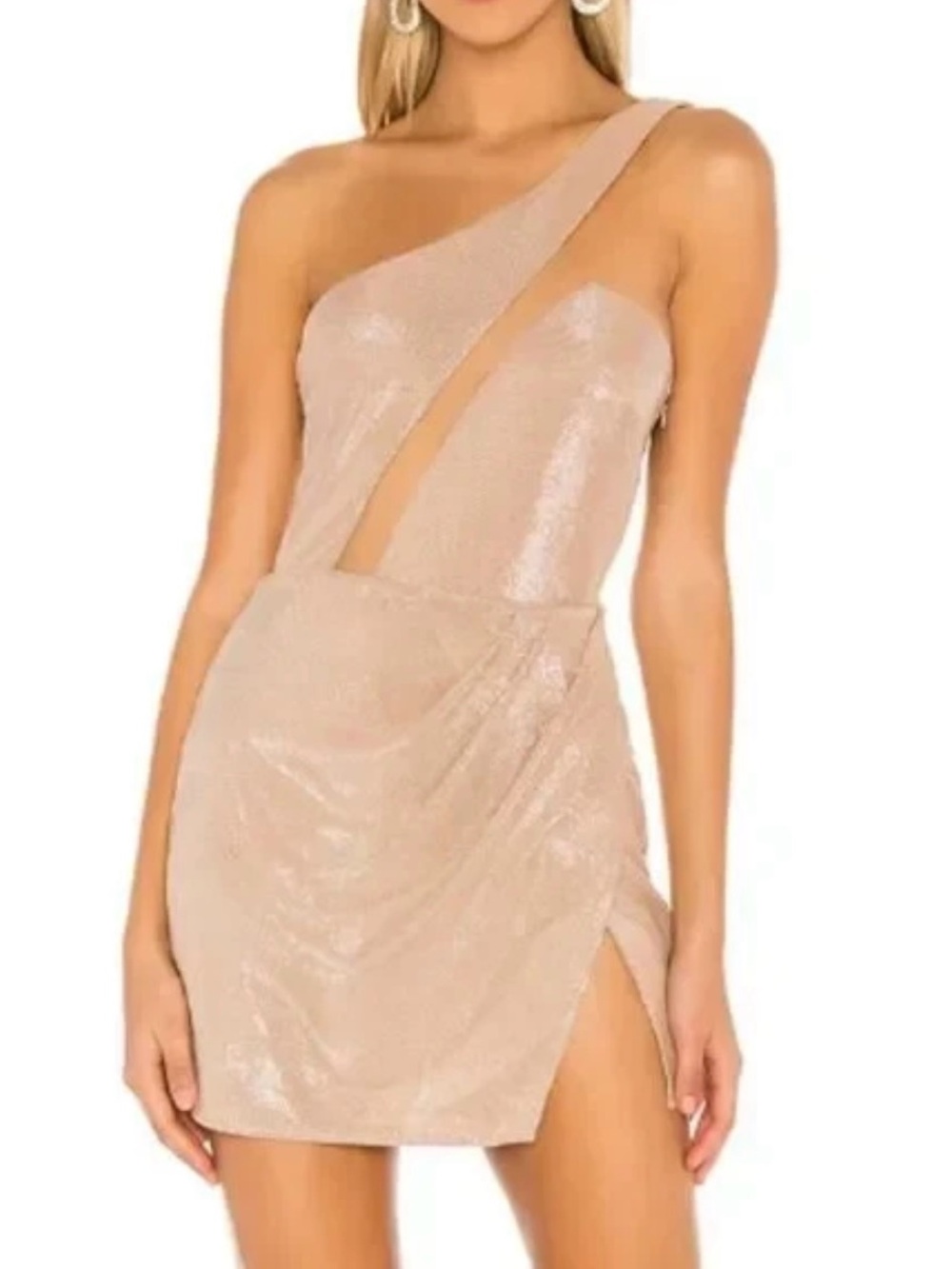 Michael Costello One-Shoulder Shimmer Mini Dress in Beige